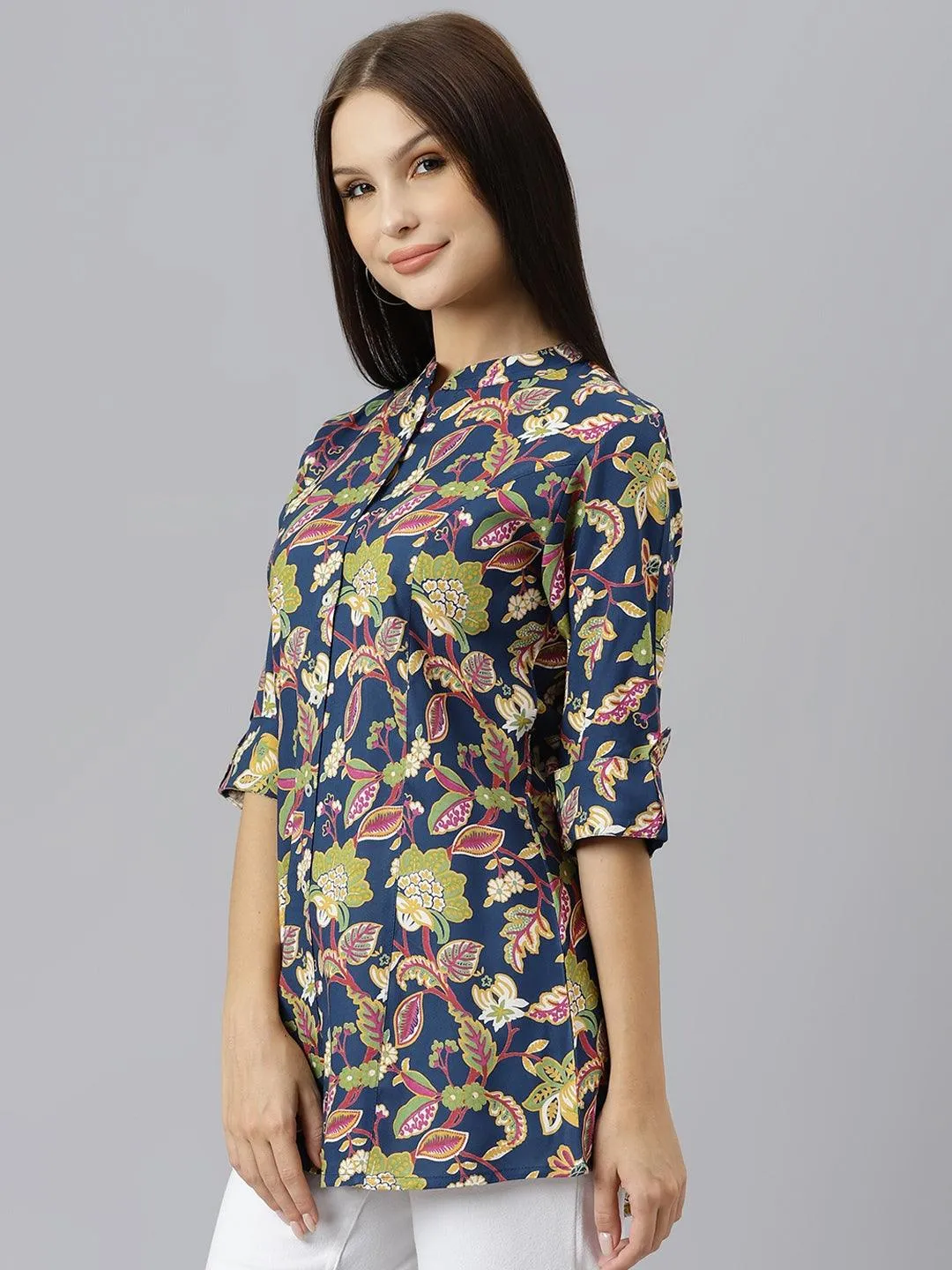 Navy Blue Floral Rayon A-Line Shirts Style Top