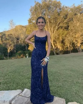 Navy Blue Sequin Prom Dresses Mermaid Long Formal Party Dresses Cross Back