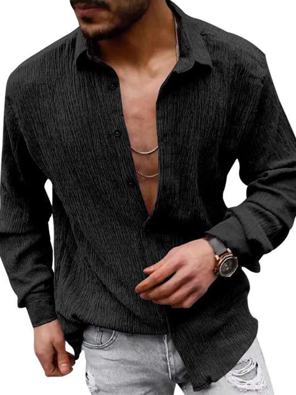 New Men's Solid Color Casual Lapel Long Sleeve Shirt