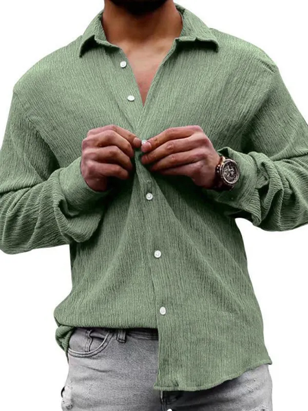 New Men's Solid Color Casual Lapel Long Sleeve Shirt