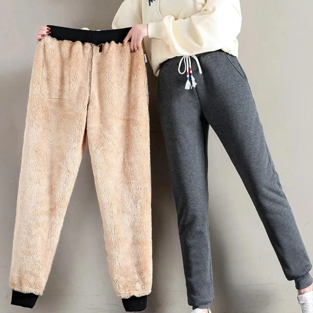 OCW Thick Lamskin Cashmere Pants For Women Thermal Warm Winter Fur Lined