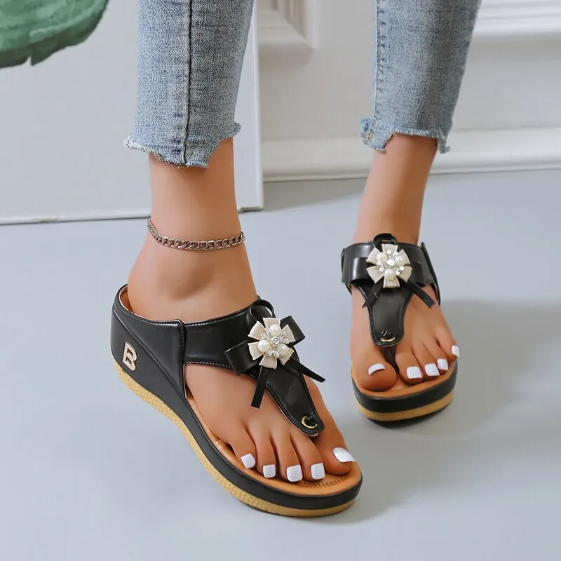 OCW Women Orthopedic Sandals Vintage Flower Rhinestones Flip-flops Summer Beach Comfortable Flower Cute