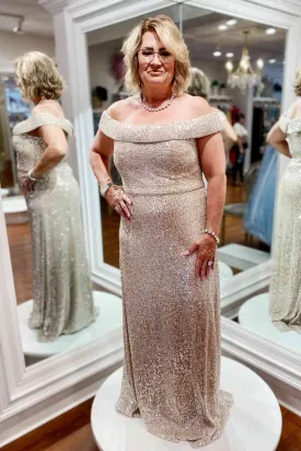 Off the Shoulder Rose Gold Sequins Mother of Bride Dress