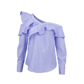 One shoulder off ruffles blouse shirt women tops 2017 spring Casual blue striped shirt Long sleeve cool blouse winter blusas