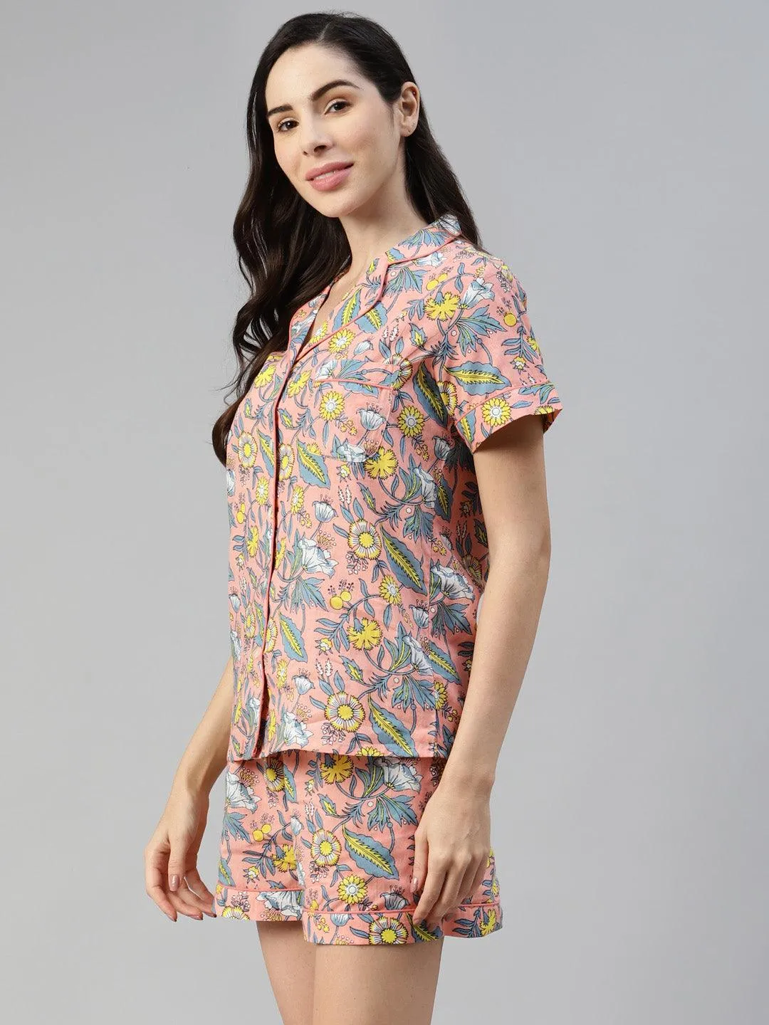 Peach Cotton Floral Print Night Suit