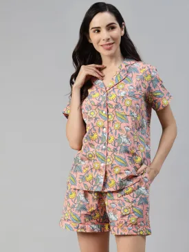 Peach Cotton Floral Print Night Suit