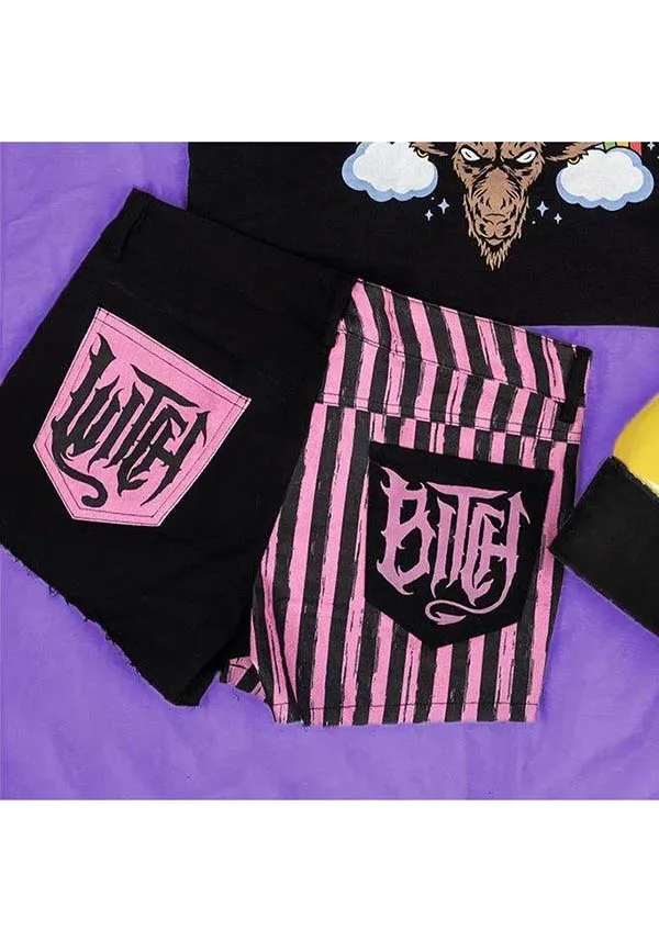 Pink Striped Witch Bitch Studded | DENIM SHORTS**