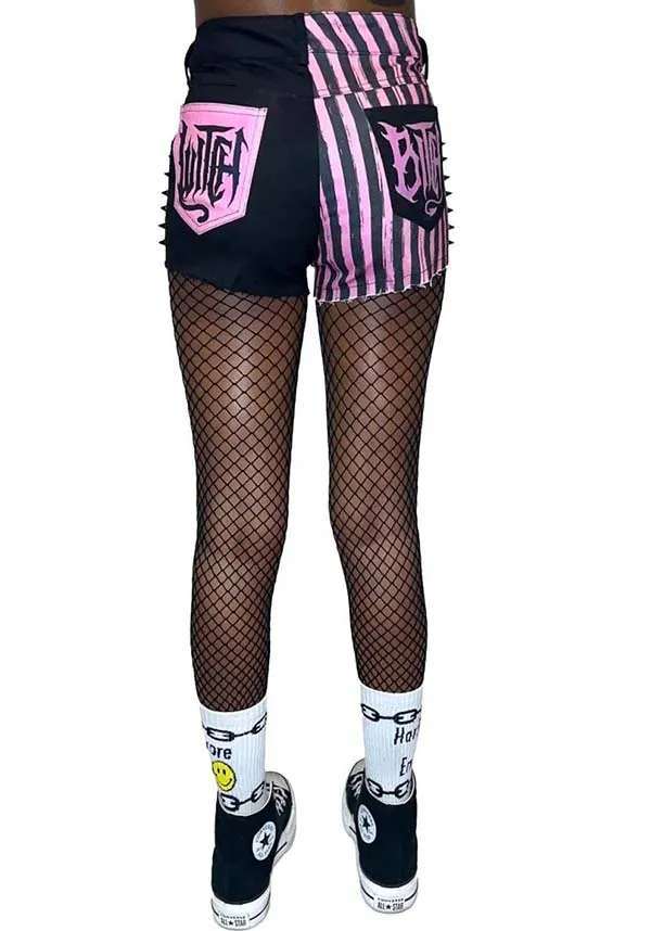 Pink Striped Witch Bitch Studded | DENIM SHORTS**