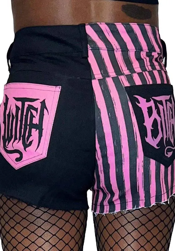 Pink Striped Witch Bitch Studded | DENIM SHORTS**