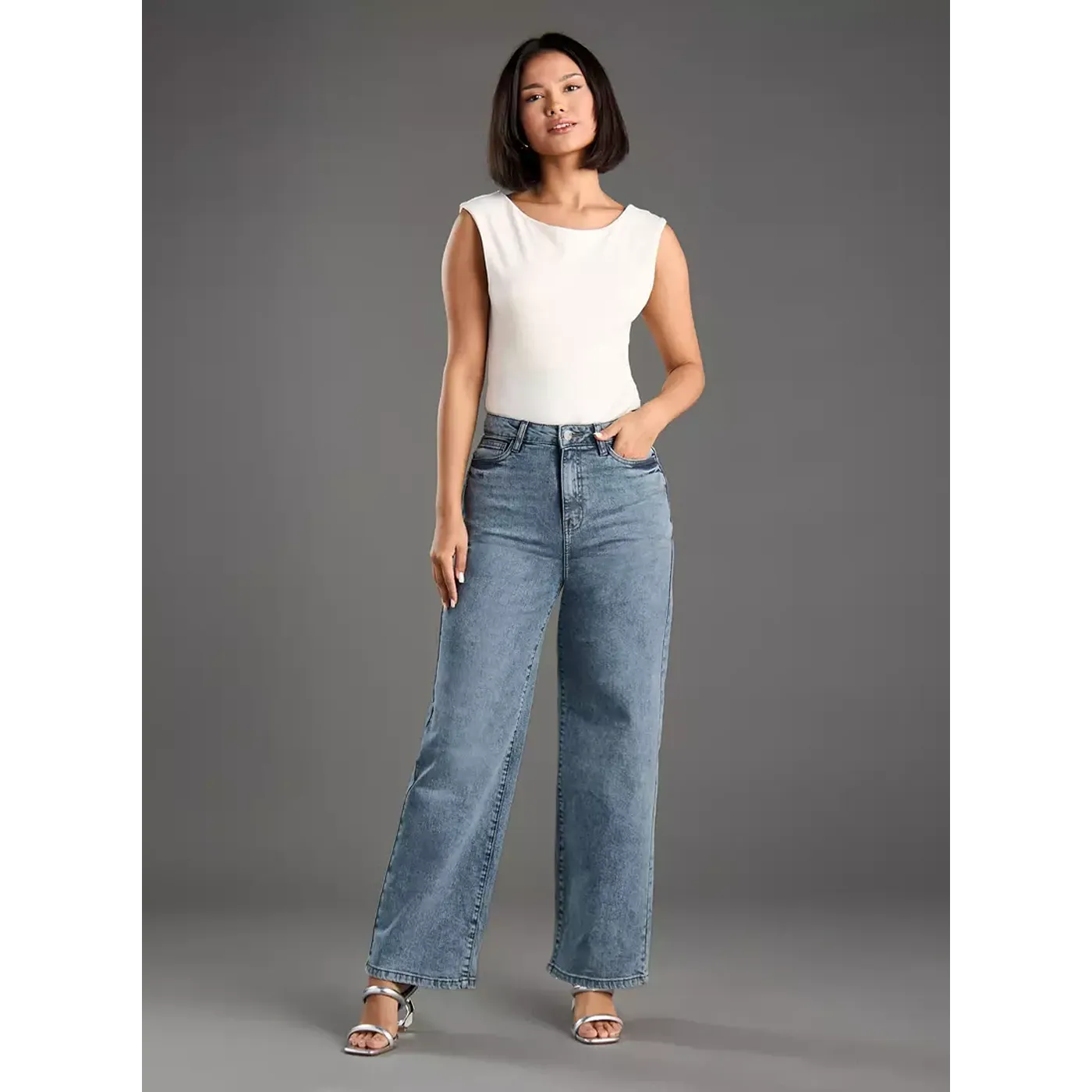 Plain Wide Leg High Jeans