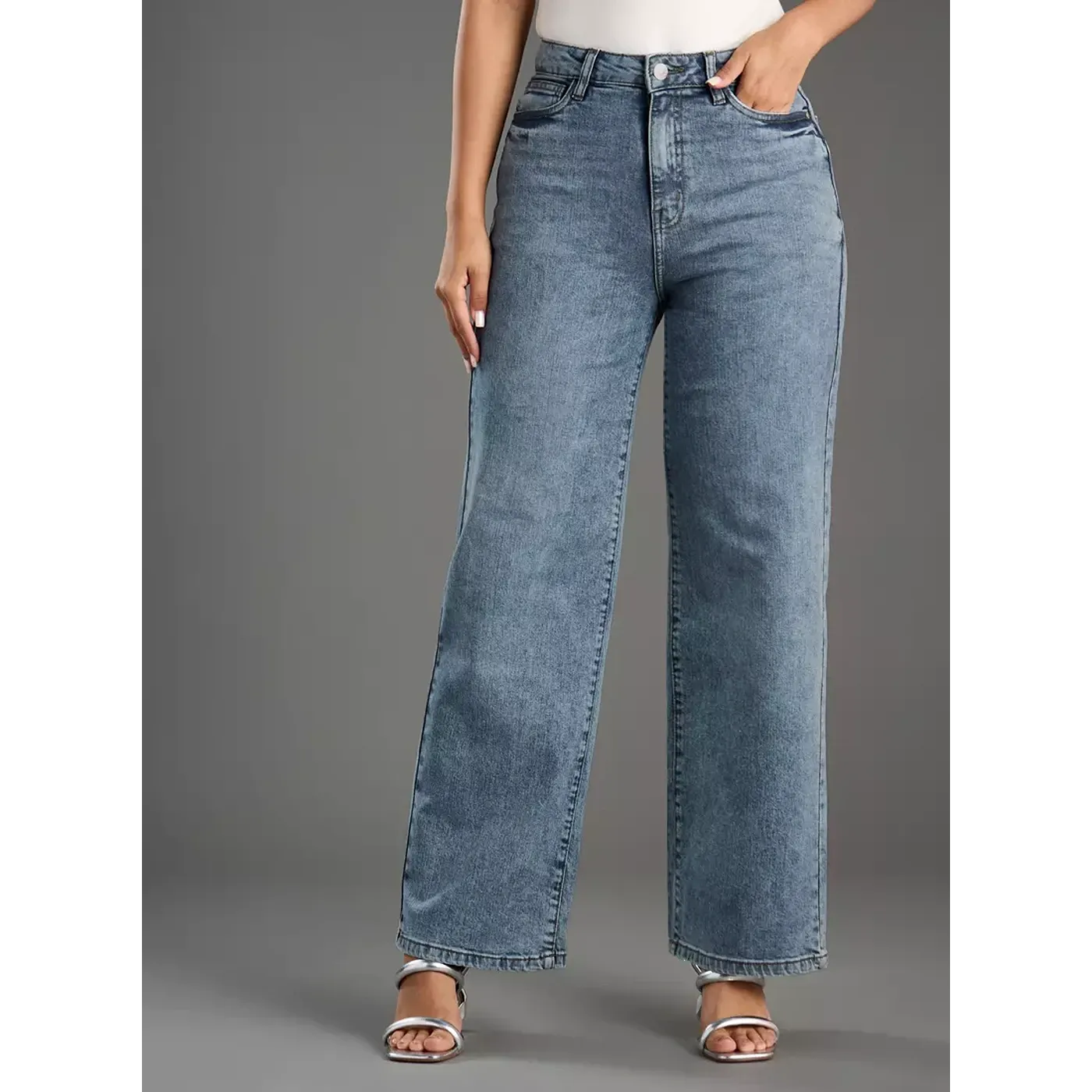 Plain Wide Leg High Jeans