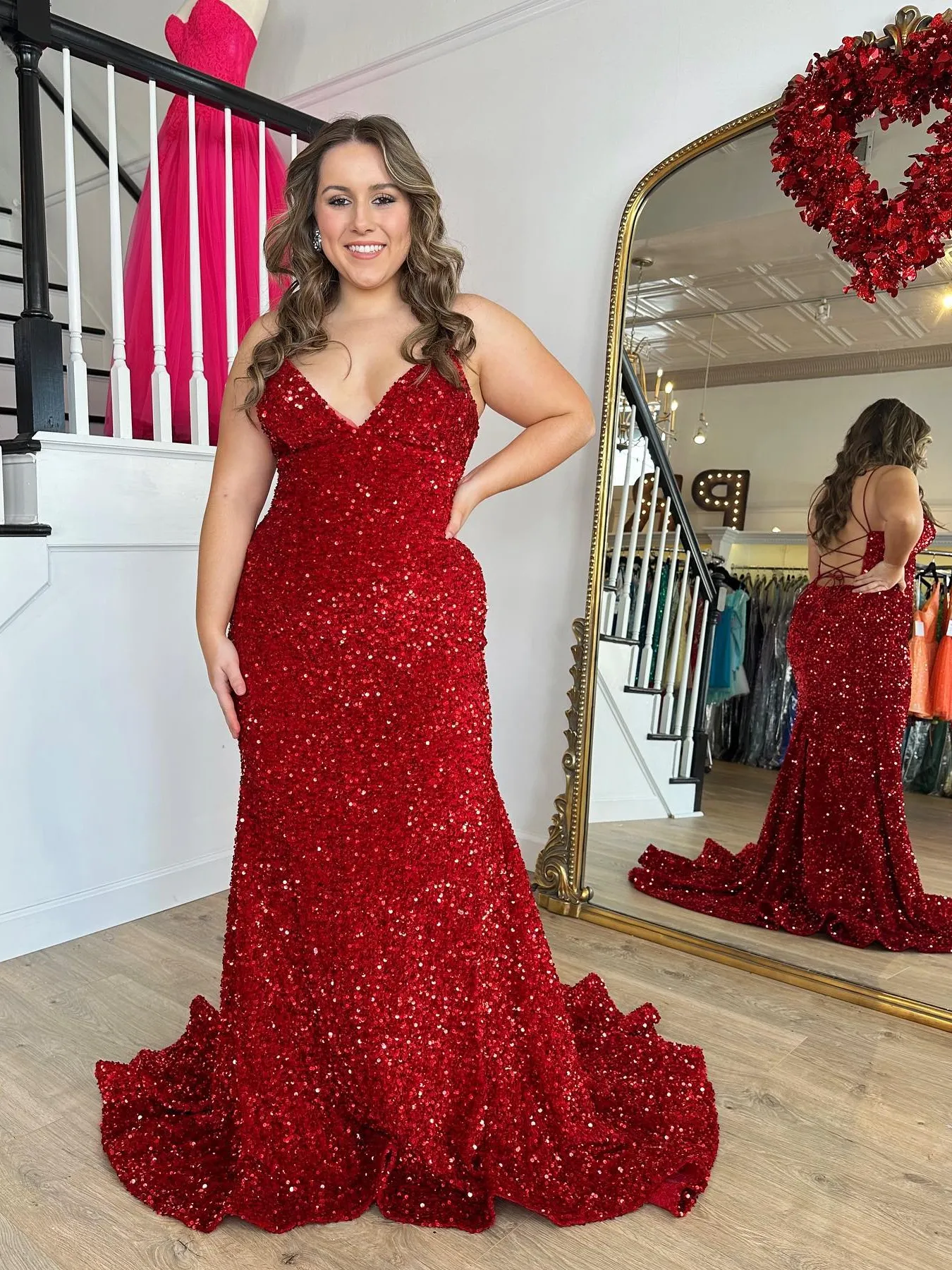 Plus Size Mermaid Spaghetti Straps Sequins Long Prom Dress Red Elegant Evening Dresses