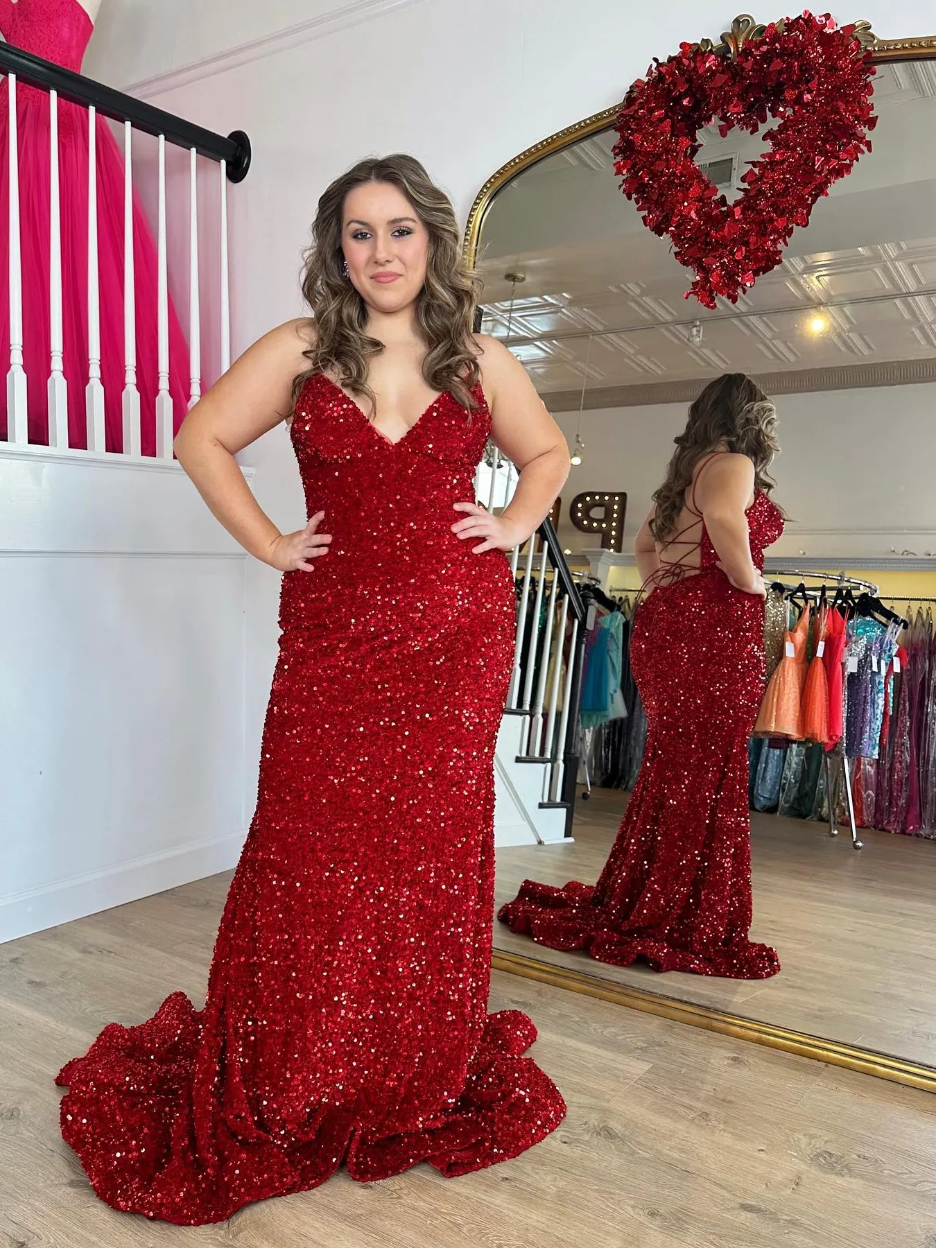 Plus Size Mermaid Spaghetti Straps Sequins Long Prom Dress Red Elegant Evening Dresses