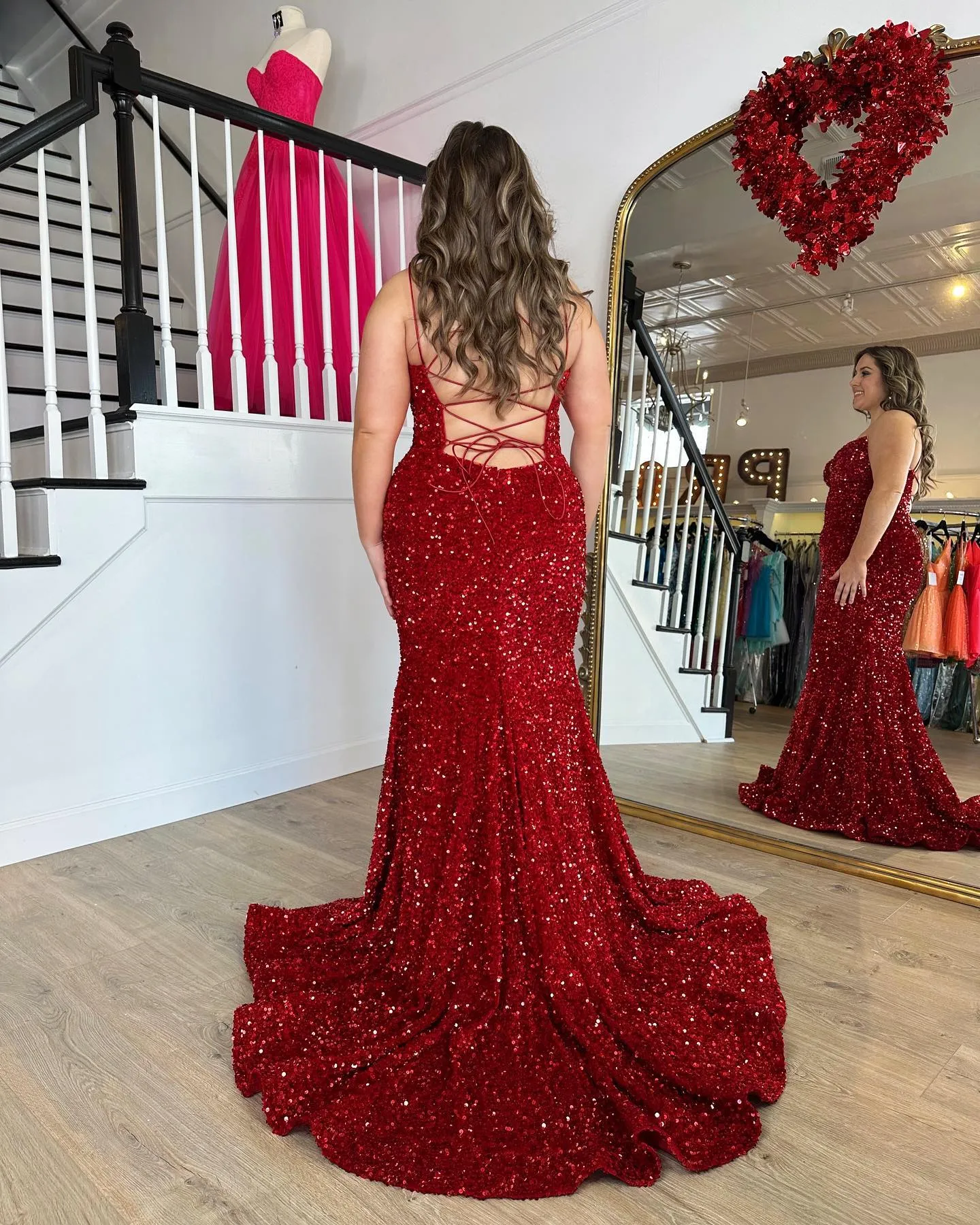 Plus Size Mermaid Spaghetti Straps Sequins Long Prom Dress Red Elegant Evening Dresses