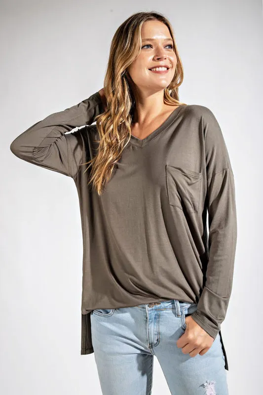 Rae Mode Basic Long Sleeve Top with Pocket (Coal Black, Olive, Smokey Gray,Latte)