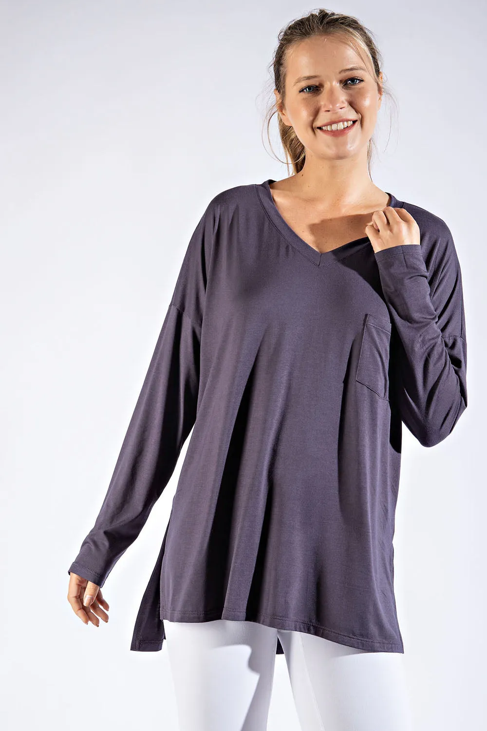 Rae Mode Basic Long Sleeve Top with Pocket (Coal Black, Olive, Smokey Gray,Latte)