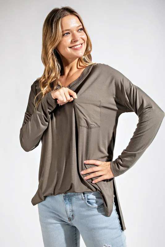 Rae Mode Basic Long Sleeve Top with Pocket (Coal Black, Olive, Smokey Gray,Latte)