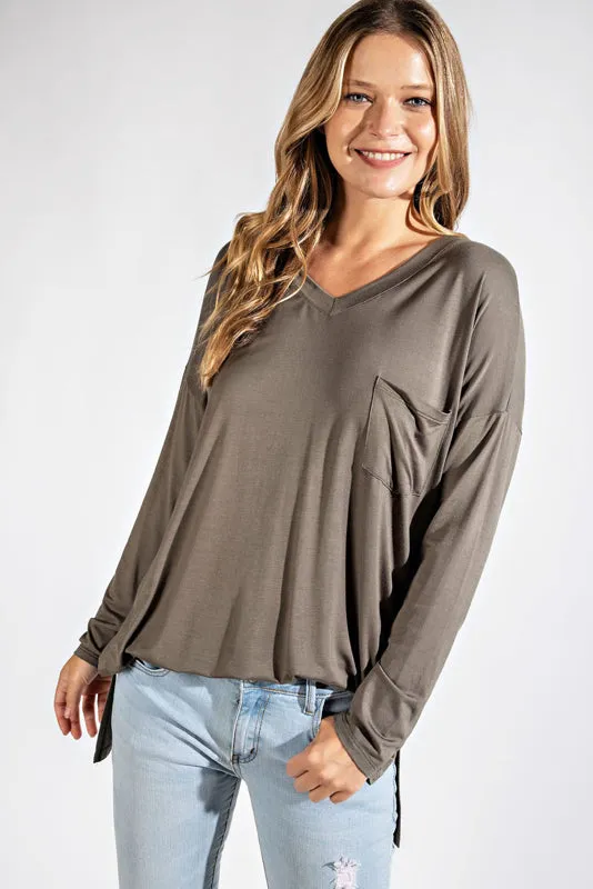 Rae Mode Basic Long Sleeve Top with Pocket (Coal Black, Olive, Smokey Gray,Latte)