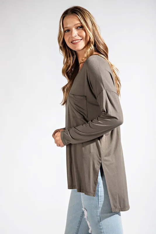 Rae Mode Basic Long Sleeve Top with Pocket (Coal Black, Olive, Smokey Gray,Latte)