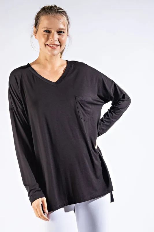 Rae Mode Basic Long Sleeve Top with Pocket (Coal Black, Olive, Smokey Gray,Latte)