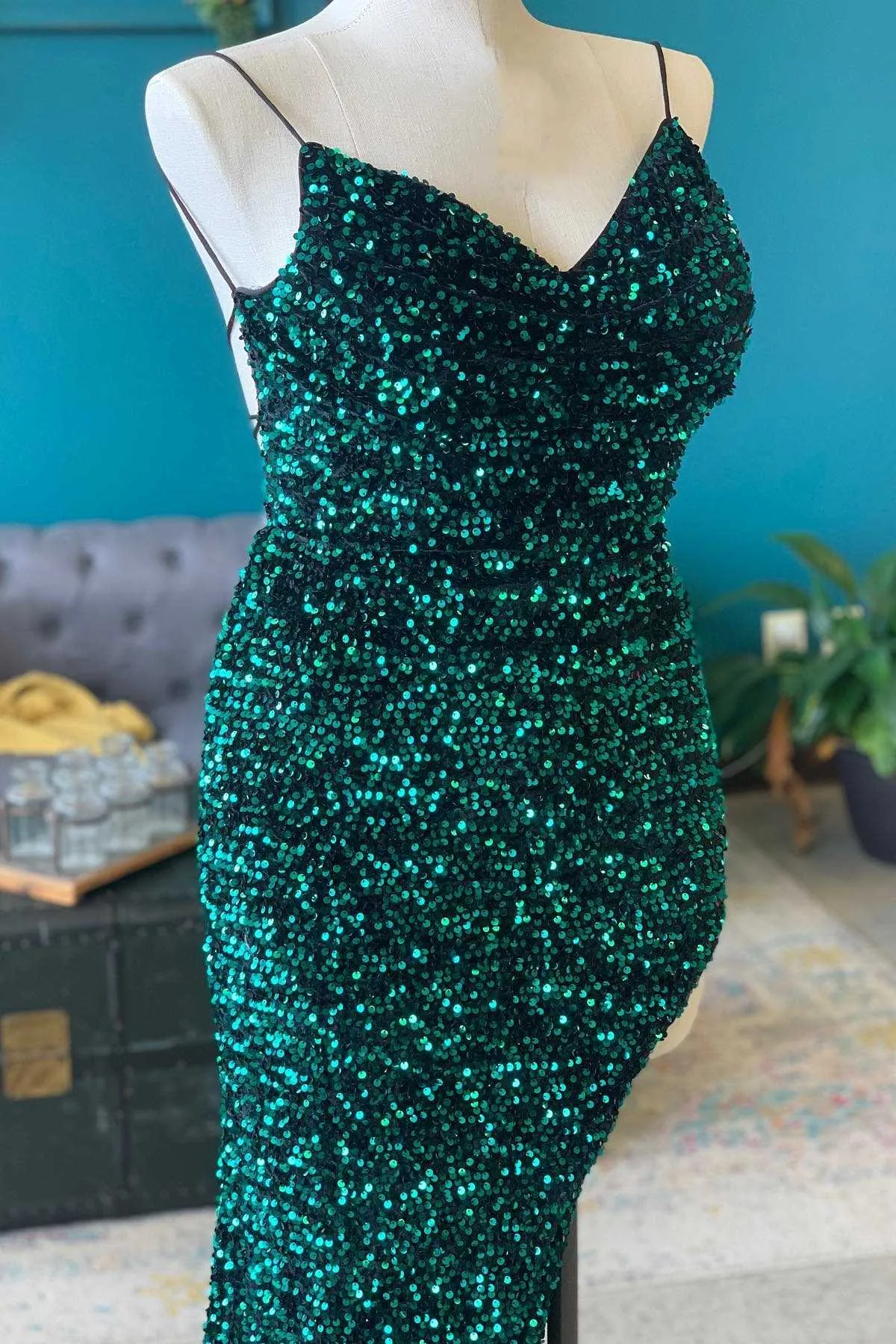 Red Sequin Cowl Neck Mermaid Prom Dress,Green Evening Gown