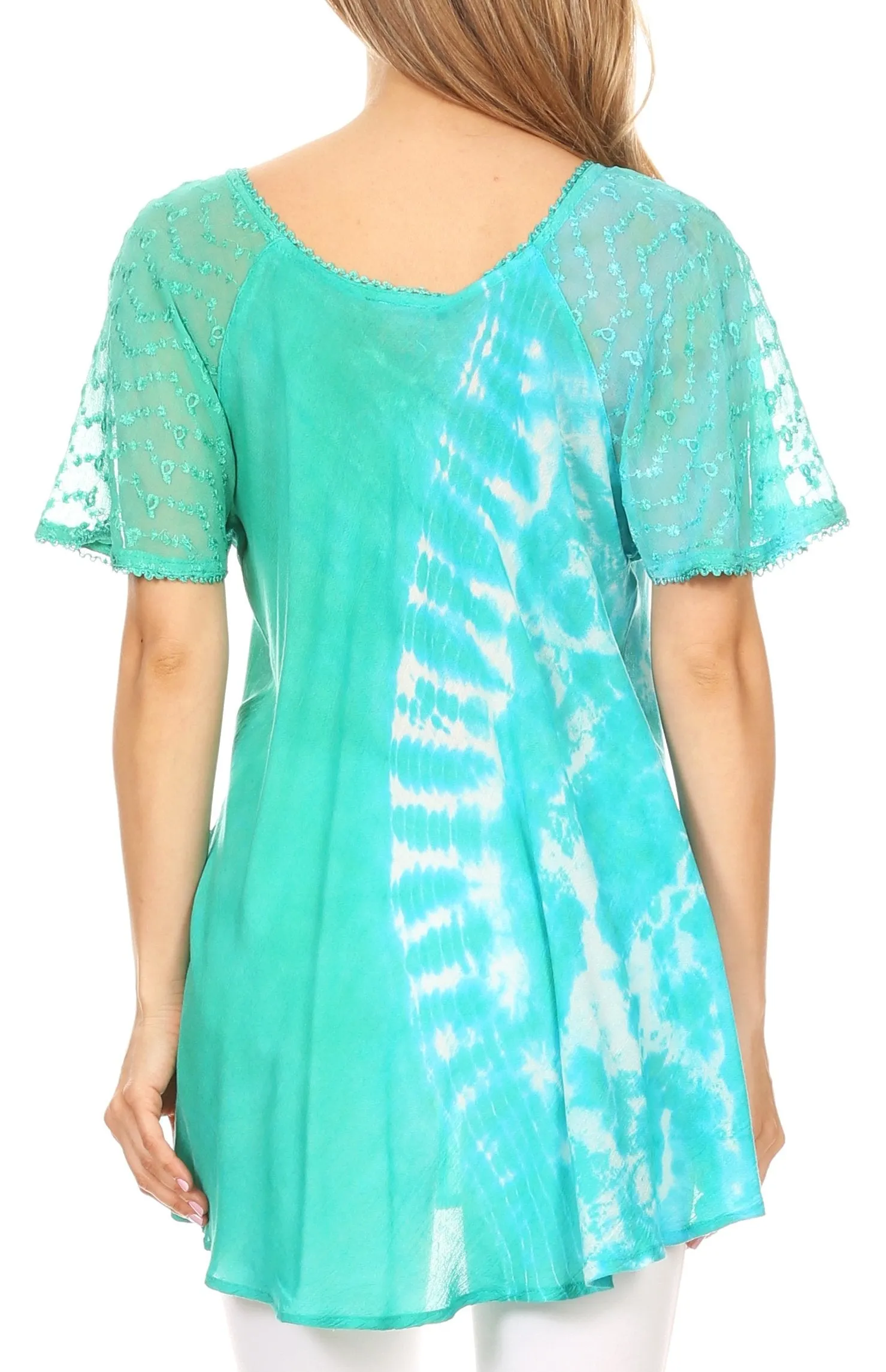 Sakkas Iris Womens Tie-dye Short Sleeve Blouse Top with Corset and Embroidery