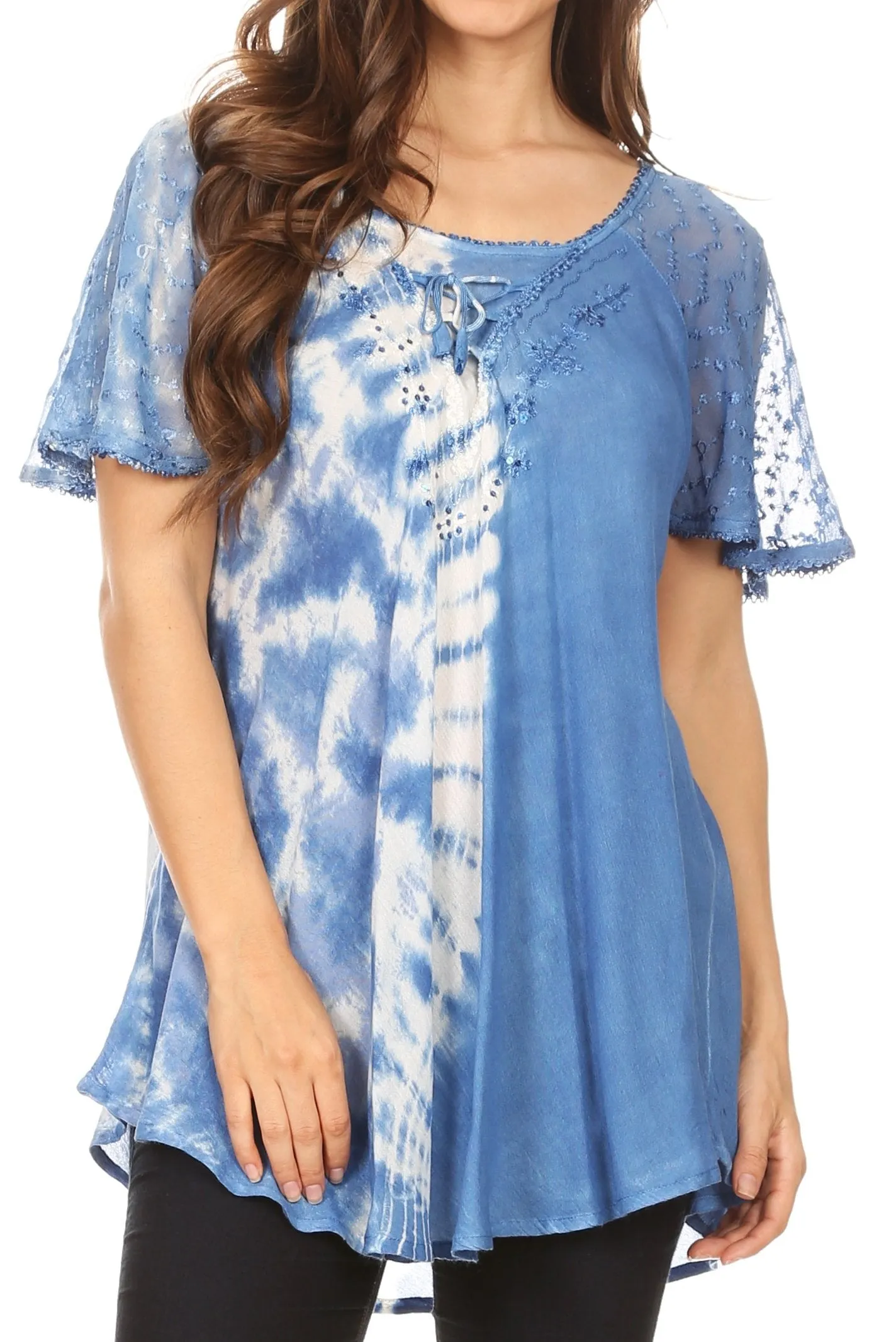 Sakkas Iris Womens Tie-dye Short Sleeve Blouse Top with Corset and Embroidery