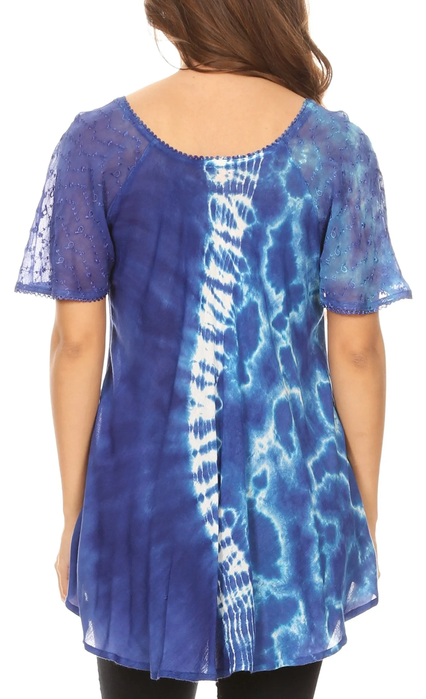 Sakkas Iris Womens Tie-dye Short Sleeve Blouse Top with Corset and Embroidery