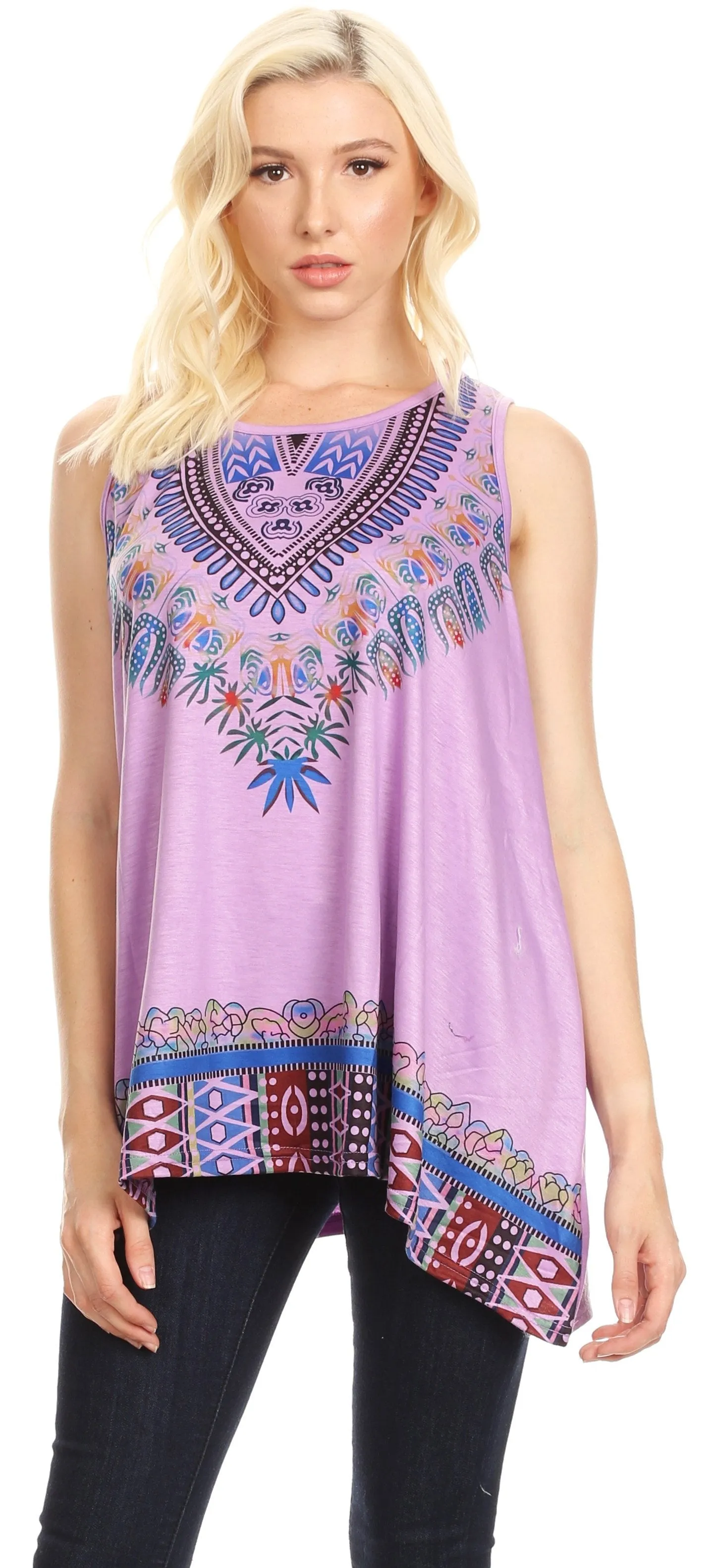 Sakkas Juliana Womens Summer Sleeveless Tank Top Printed Dashiki Jersey Knit