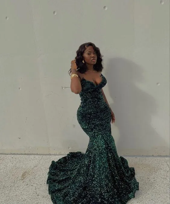 Sexy Mermaid Glitter Prom Dress Long Evening Gowns Dark Green Women Formal Dresses