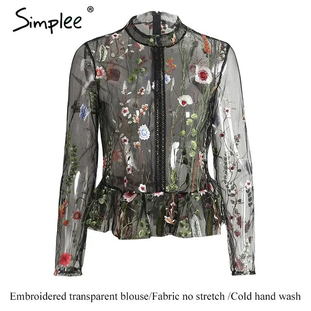 Simplee Black flower embroidery blouse shirt Women tops blouse chemise femme camisa Transparent long sleeve summer 2017 blusas