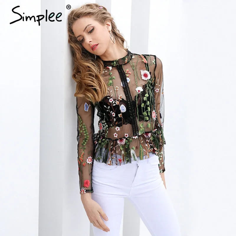 Simplee Black flower embroidery blouse shirt Women tops blouse chemise femme camisa Transparent long sleeve summer 2017 blusas