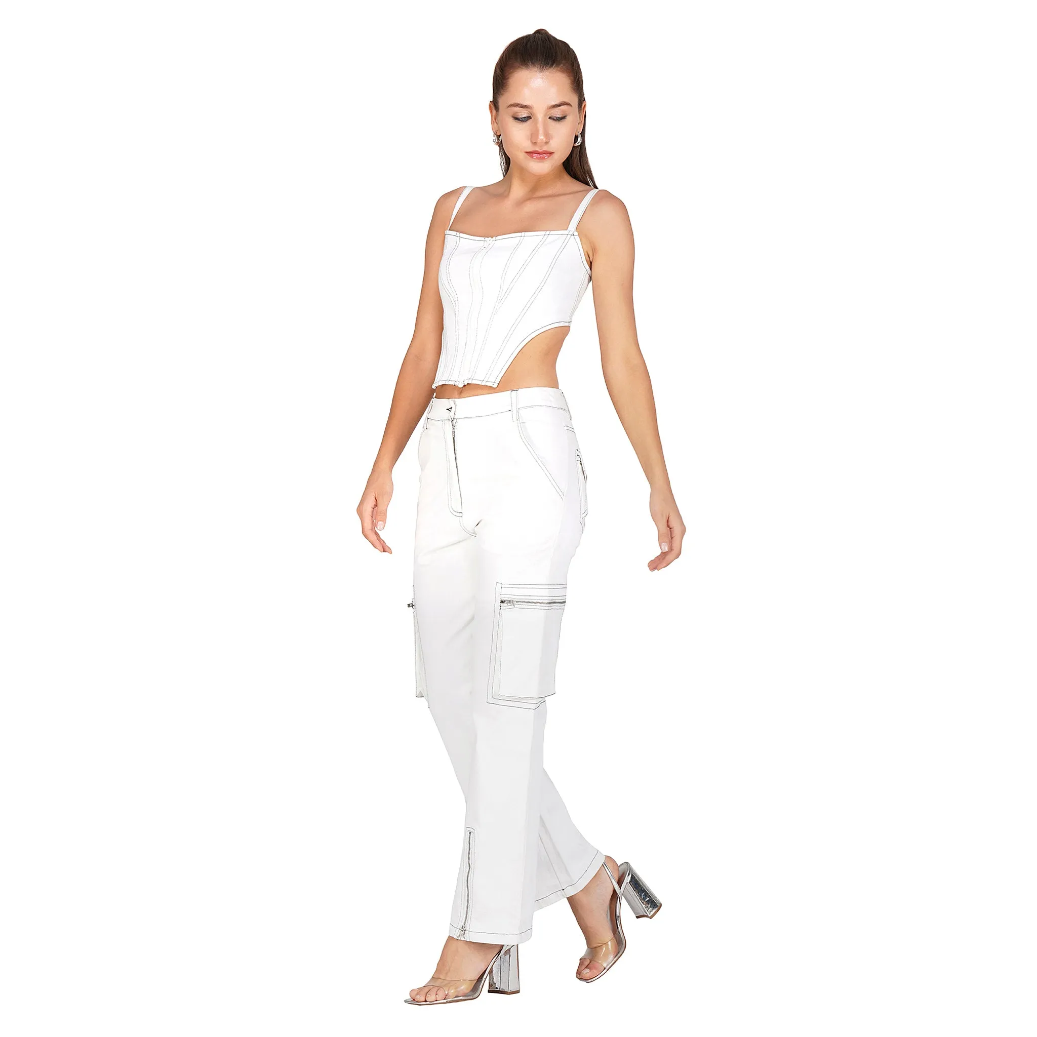 SLAY. Women's White Denim Cargo Jeans