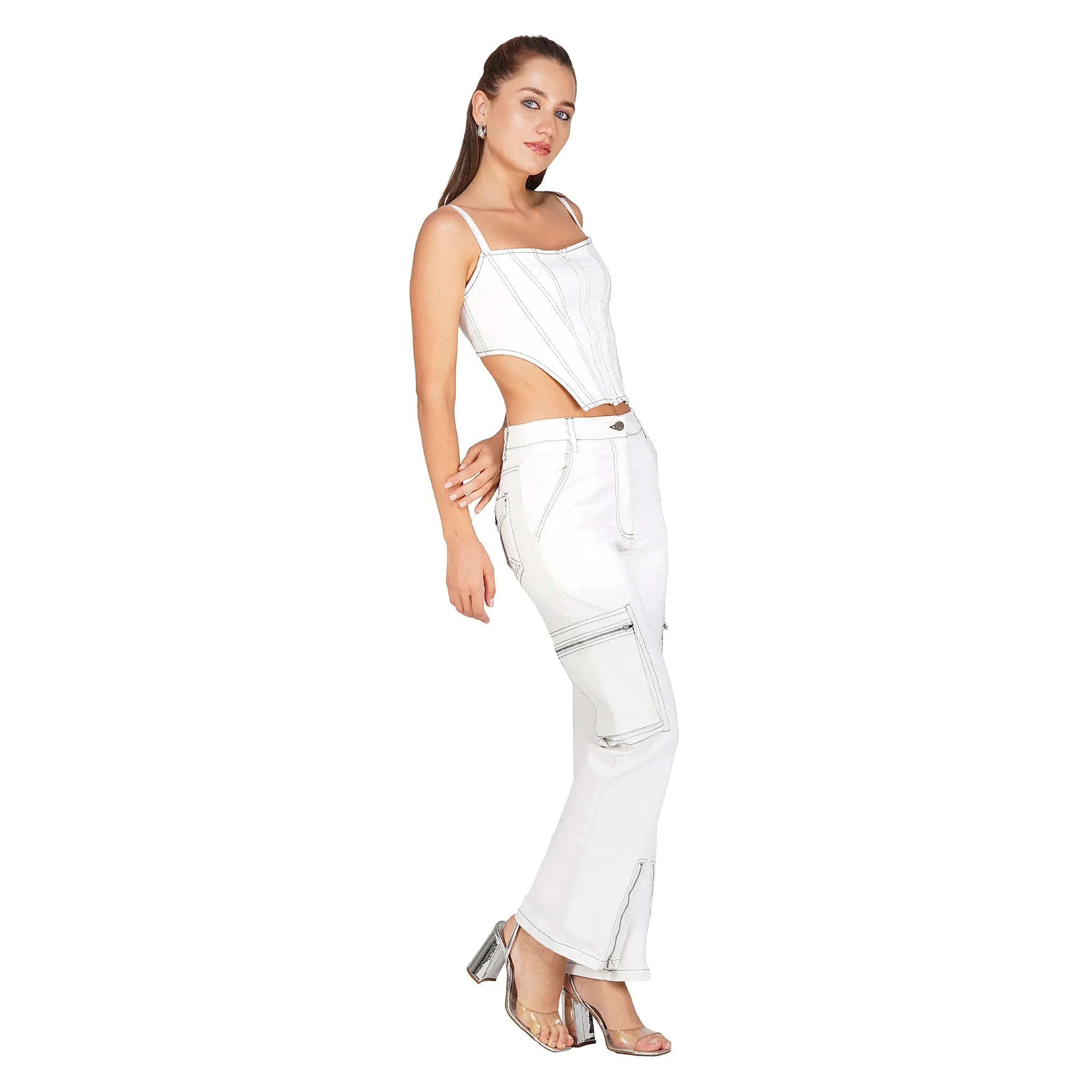 SLAY. Women's White Denim Cargo Jeans