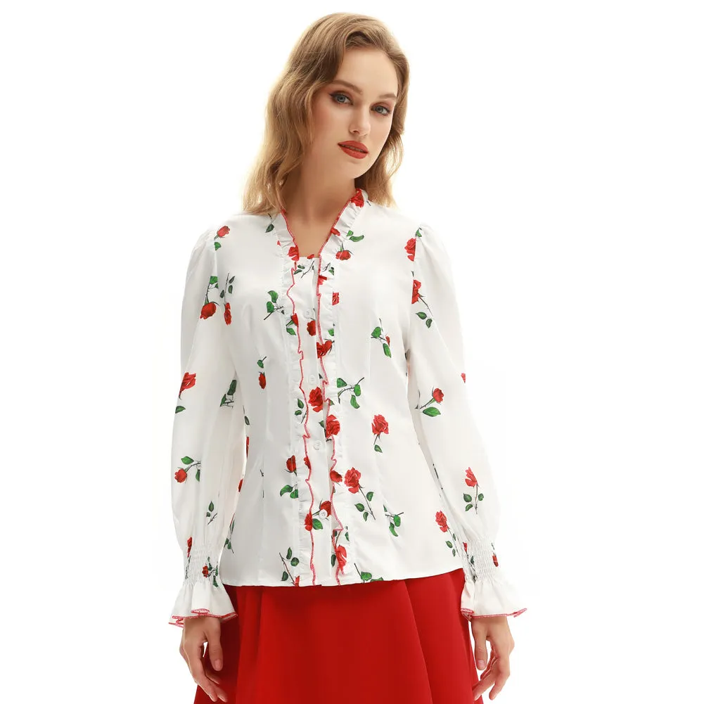 Slim Fit Shirt Long Sleeve Ruffles Decorated Button-up Blouse Tops