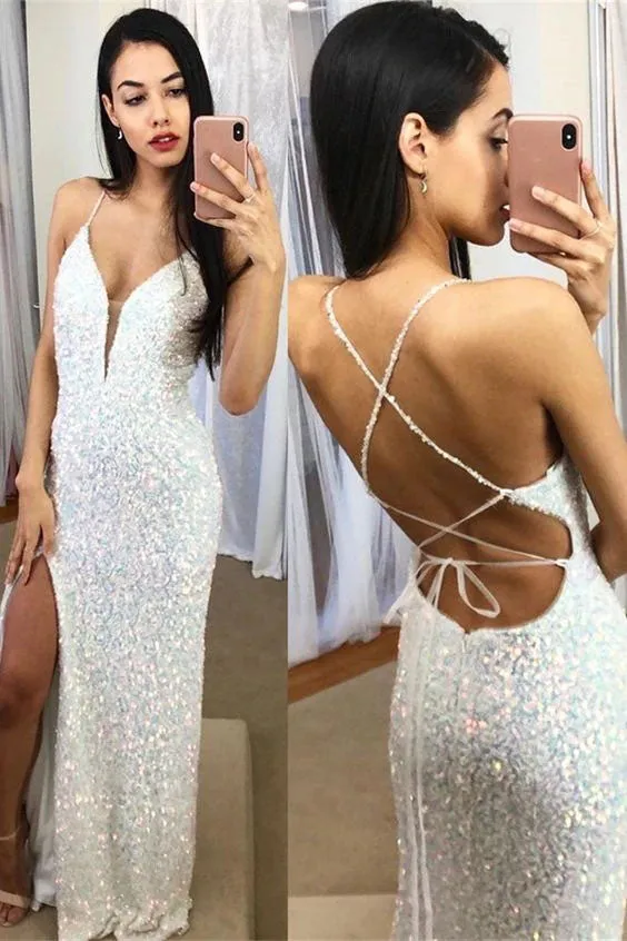 Spaghetti Straps Mermaid Prom Dress,Sparkly Sequins Slit Long Formal Gown