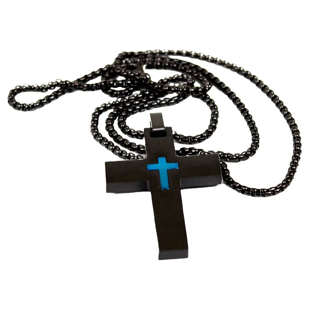 SteelTime Men's Black and Blue IP Stainless Steel Cross