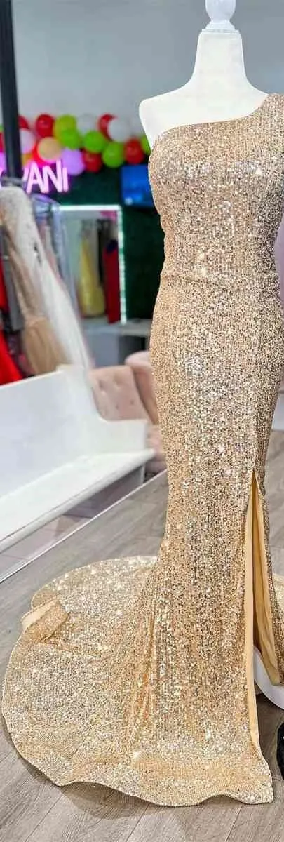 Stunning One Shoulder Mermaid Sequins Slit Long Champagne Prom Dress