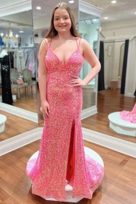 Stunning Pink Sequin V-Neck Mermaid Long Evening Dress,Leg Split Formal Gala Dresses