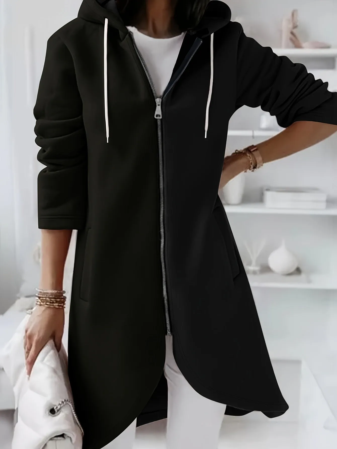 Stylish Fall Jacket Solid Zipper Drawstring Hoodie for Women