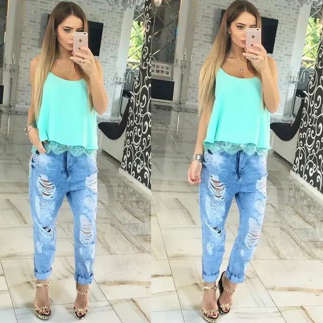 Summer Women Blouses Fashion Lace Patchwork Loose Tops Sexy Off Shoulder Low Cut Sleeveless Slip Women'S Shirt