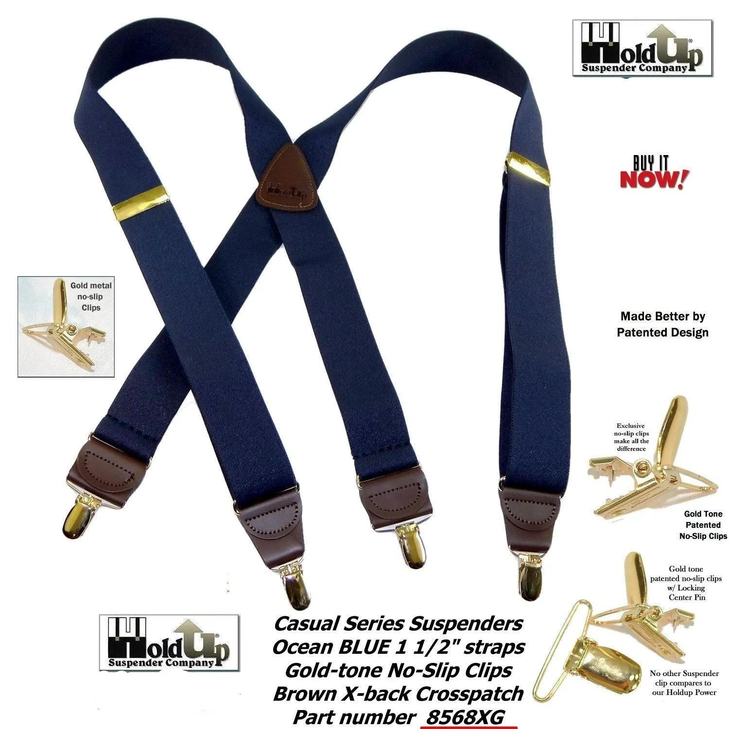 USA Made Holdup Suspenders Dark Ocean Blue 1 1/2" wide X-back Suspenders with Patented No-slip Gold-tone  Clips