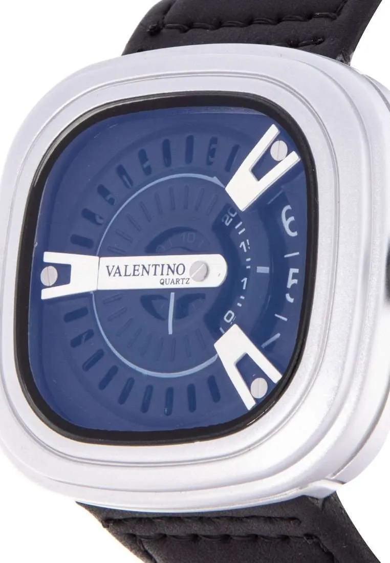 Valentino Mens Black Leather Strap Watch - Silver Case, Silver Index, Model 20122151-BLK