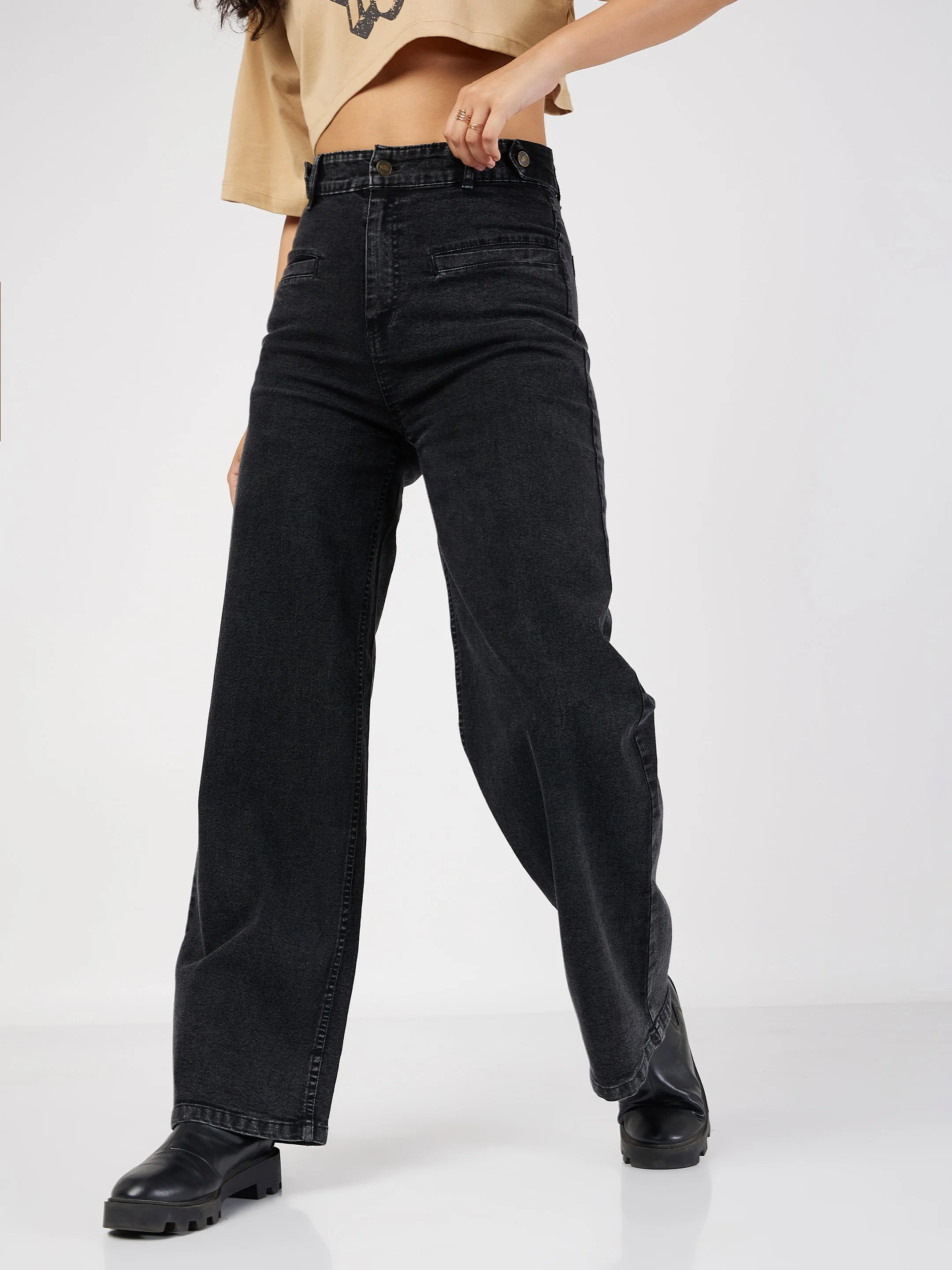 Women Black Bone Pocket Straight Jeans