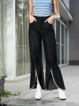 Women Black Front Slit Bell Bottom Jeans