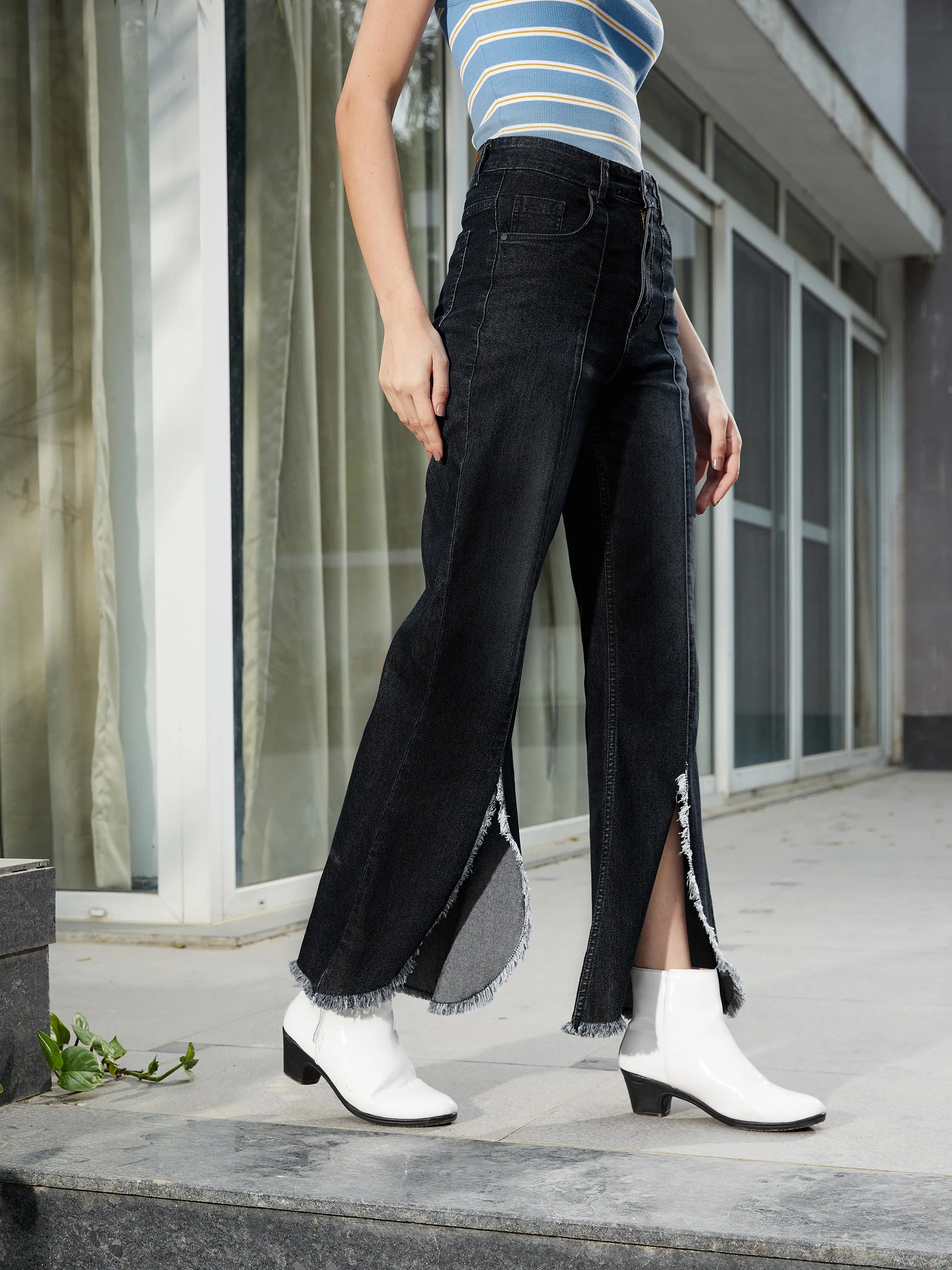 Women Black Front Slit Bell Bottom Jeans