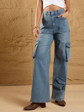 Women Blue Acid Wash Side Pockets Cargo Jeans