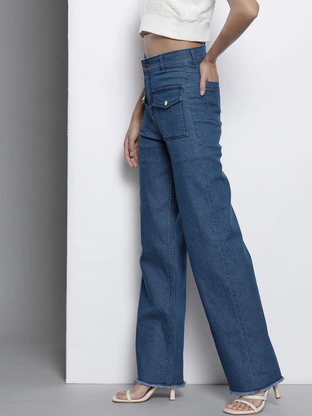 Women Blue Front Flap Pocket Stretch Flared Jeans