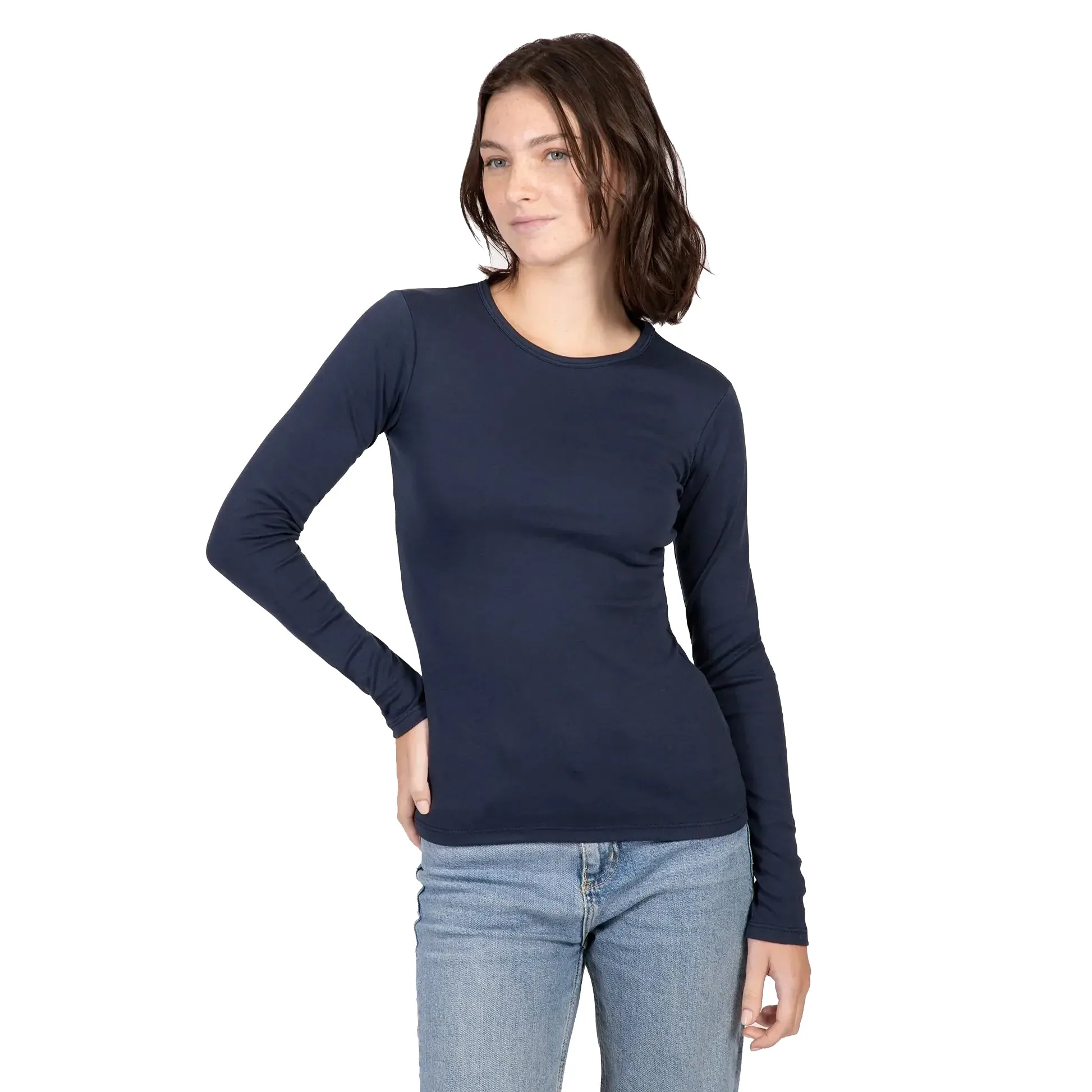 Women Long Sleeve Basic Shirt Round Neck - Navy Blue