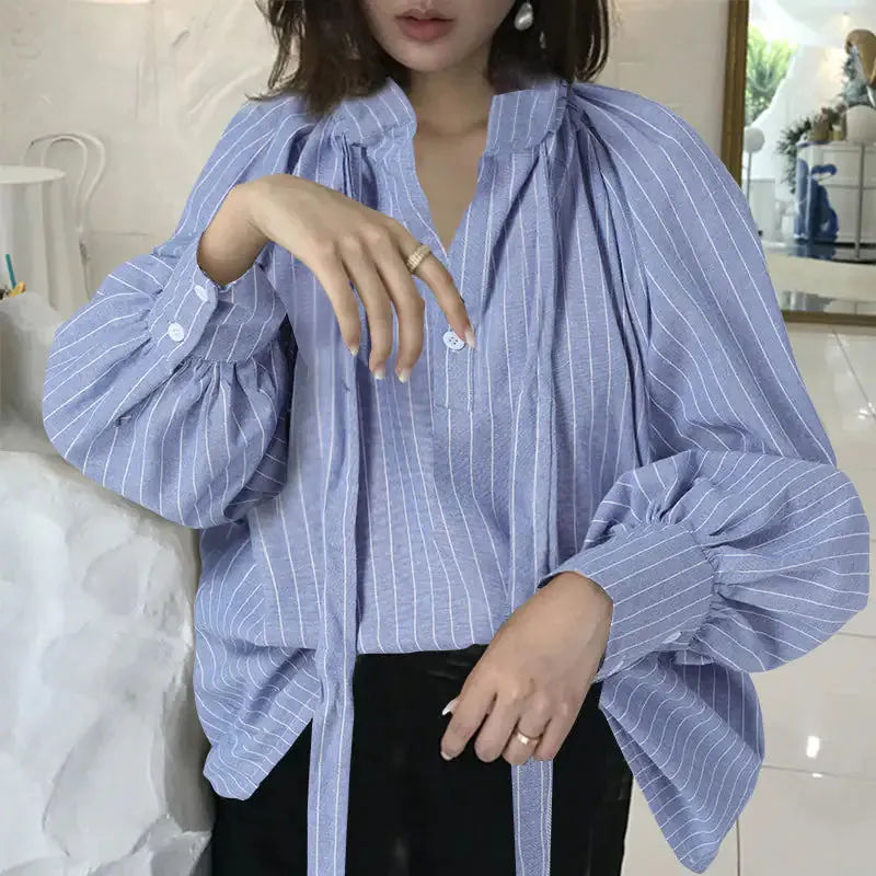 Women's Lantern Sleeves Bow Stand Collar Blouse